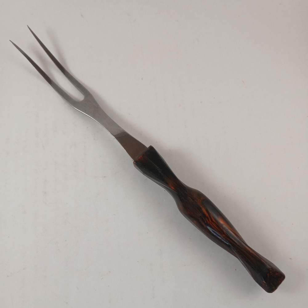CUTCO Carving Meat Fork Two Tines Orange Brown Swirl Plastic Handle Vintage